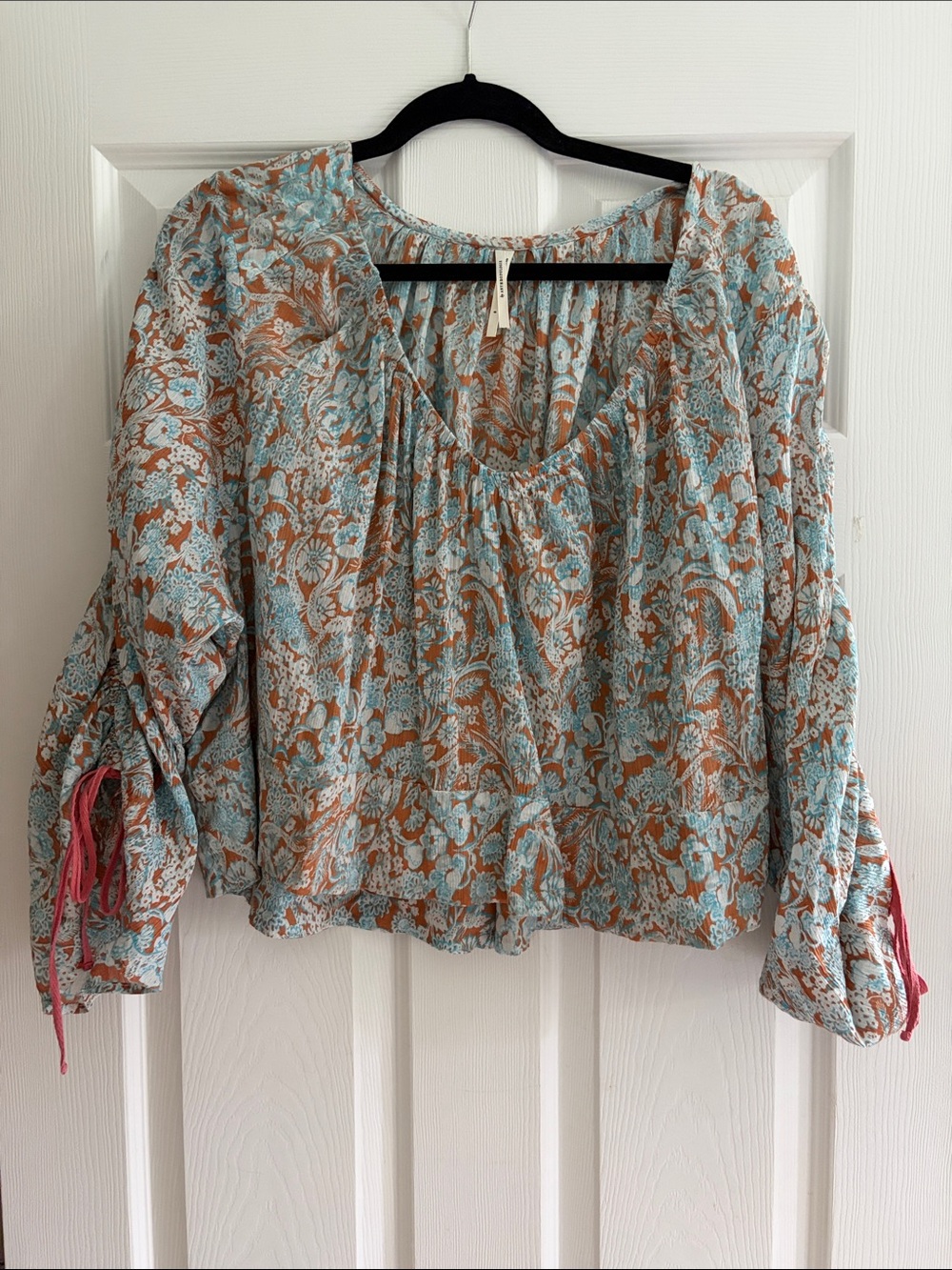 Anthropologie Boho Floral Puff-Sleeve Peasant Top - Light Blue & Tan